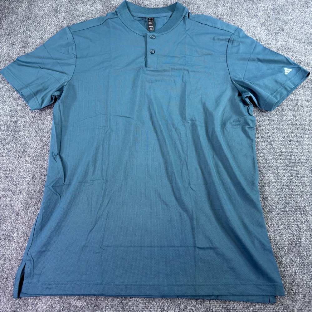 Adidas Henley Polo Shirt Mens Medium Teal Blue Short Sleeve Textured Stretch